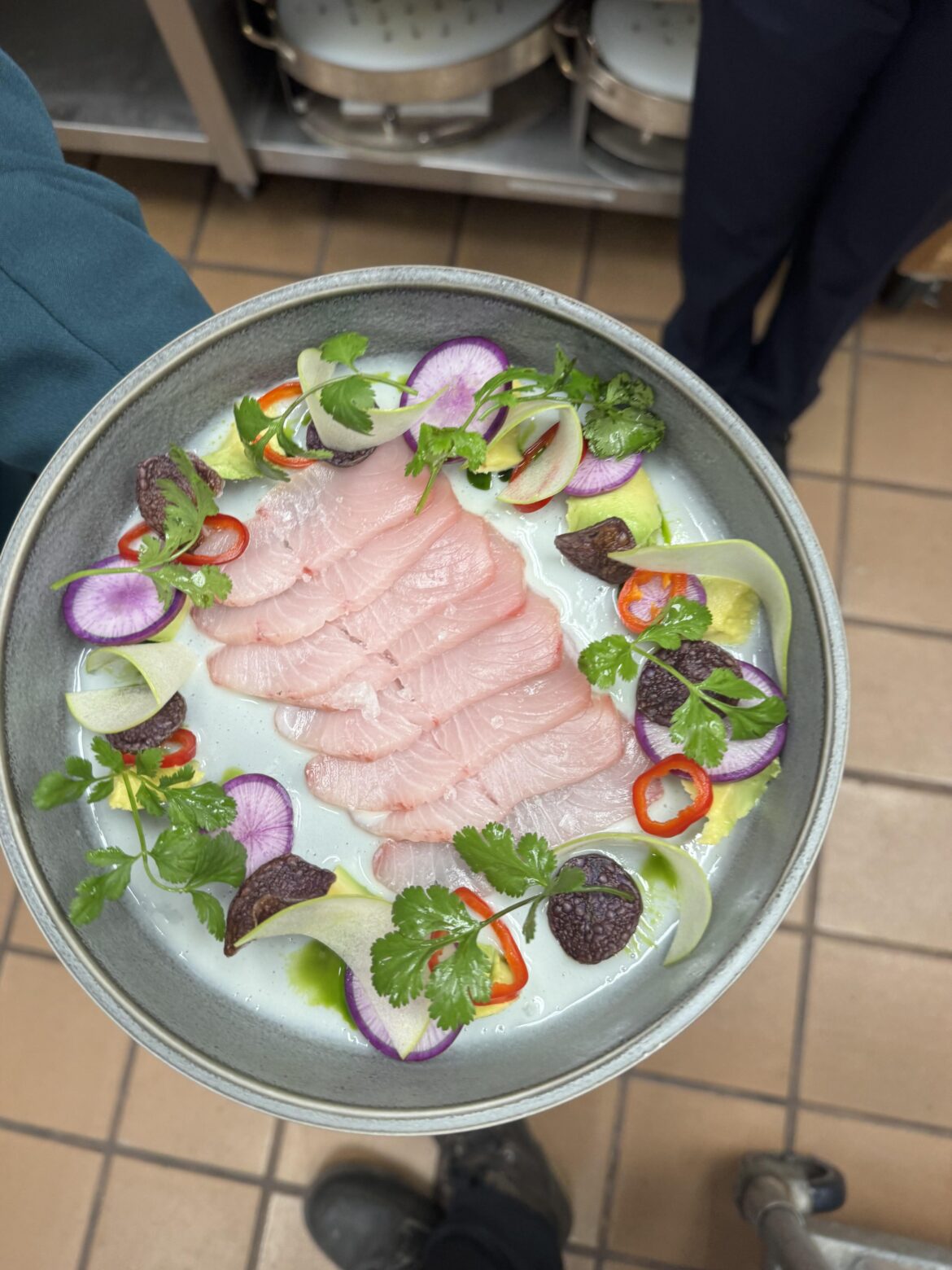 Hamachi crudo; brazilian lemonade,pickled fresno, purple fingerling chips, avocado