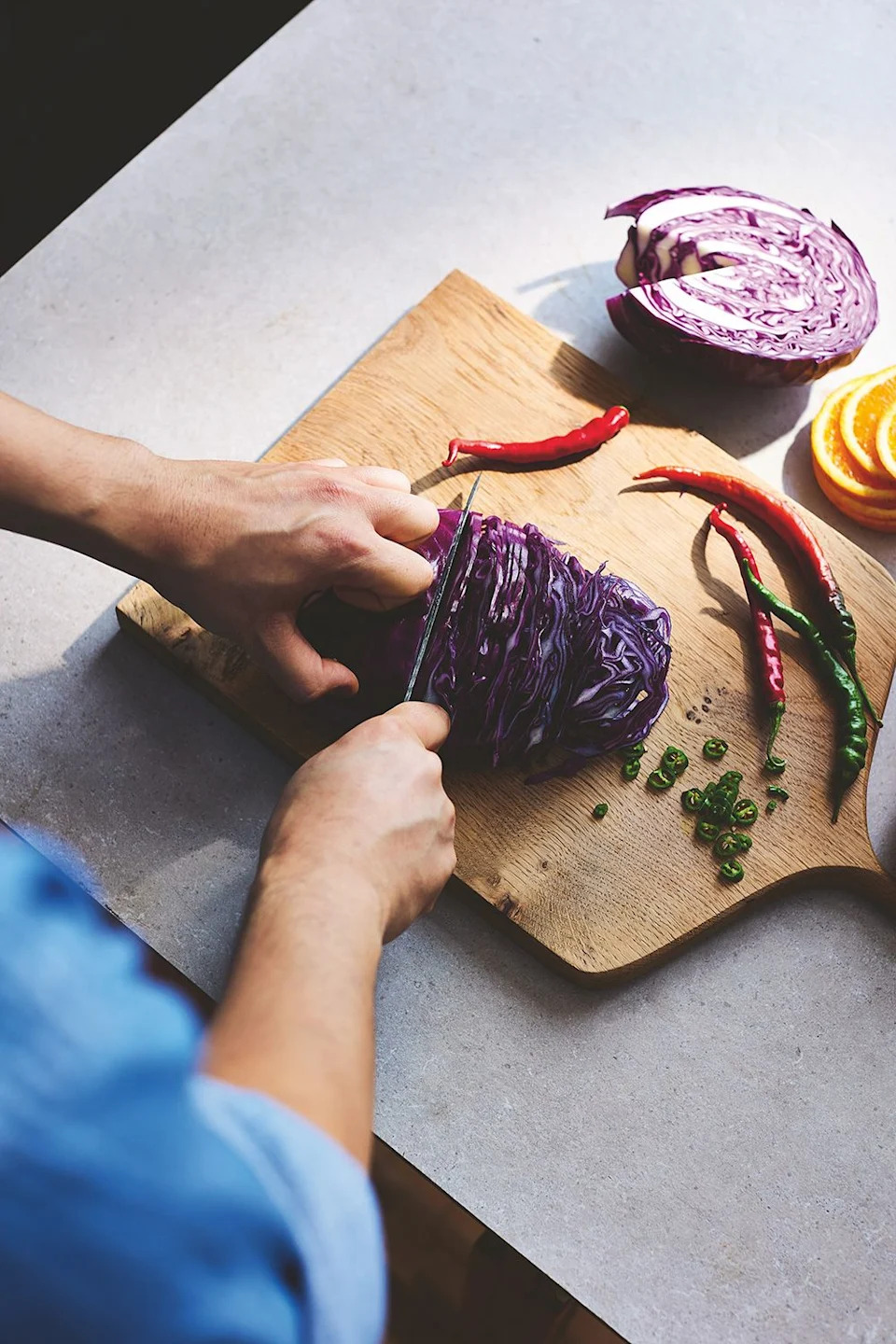  Kenji Morimoto is a fan of using citrus in ferments, such as his vibrant chili, orange and coriander sauerkraut. “When people are a bit uncertain about fermentation, with the funkiness, I think citrus brightens it up.”