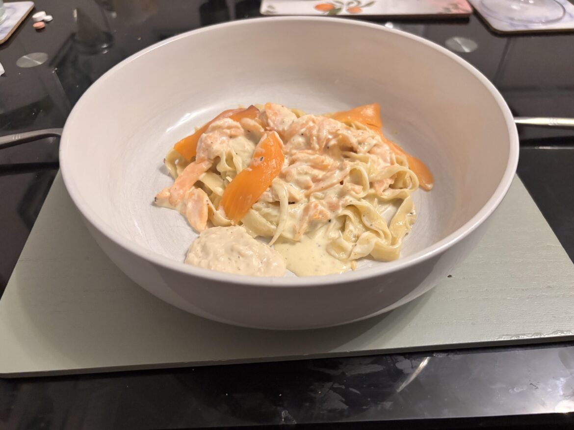 Creamed Smoked salmon homemade tagliatelle and horseradish sauce.