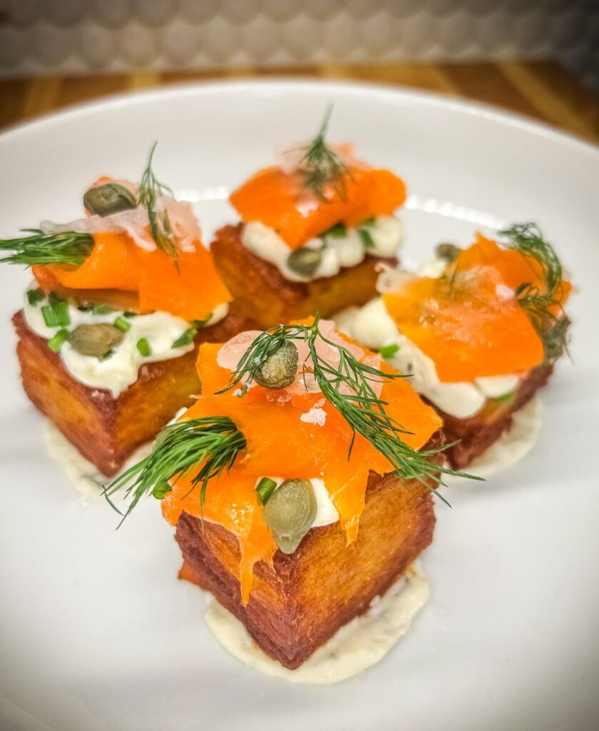 Potato Pavé with lox and fixings.