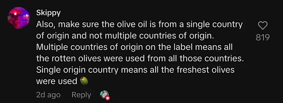 Comment discussing the importance of using olive oil from a single country of origin for freshness