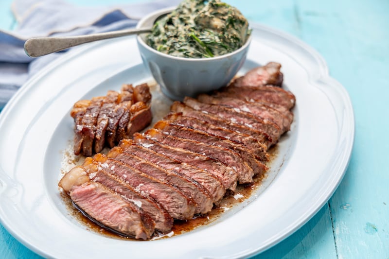 Roasted striploin steak with creamed spinach and nutmeg. Photograph: Harry Weir