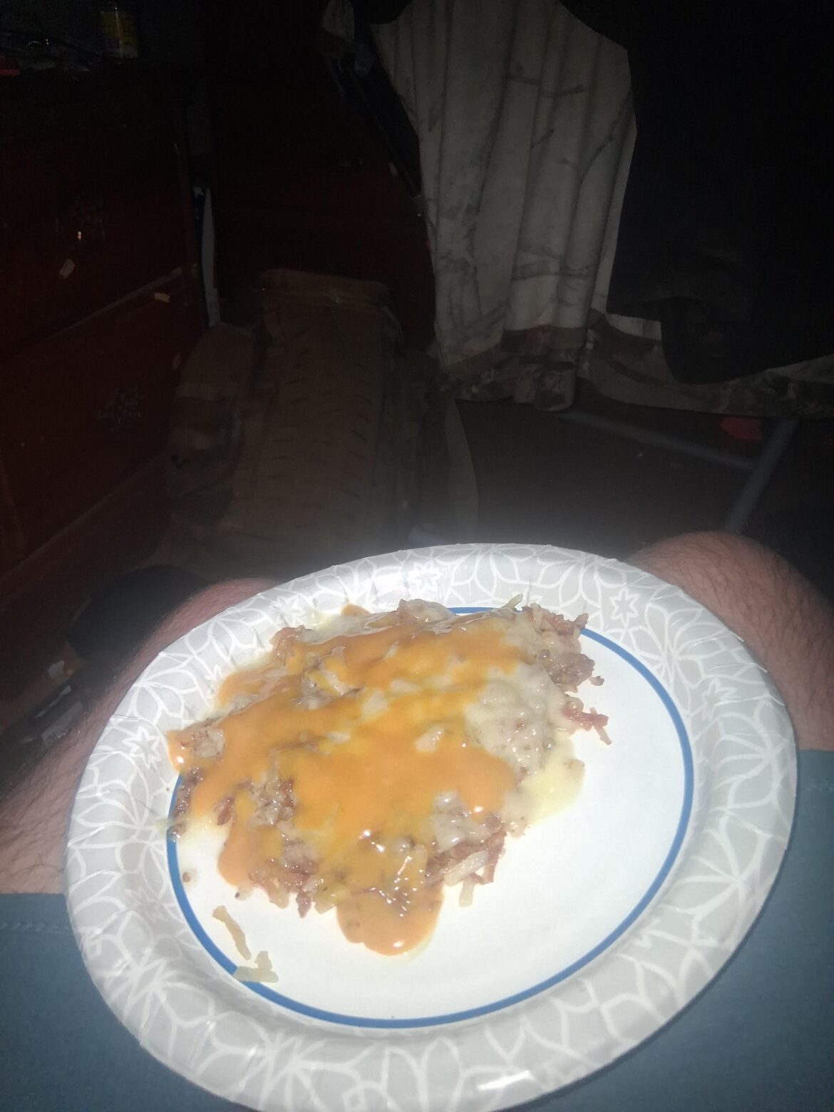 Sourdough guy here. Tonight we got, hashbrwons with a mix of browned burger, leftover steak, leftover potroast, leftover brat, and some leftover porkchop. Fried the meat in butter, mixed with the hash. And onion.then swiss. No gay chicken sauce on top.