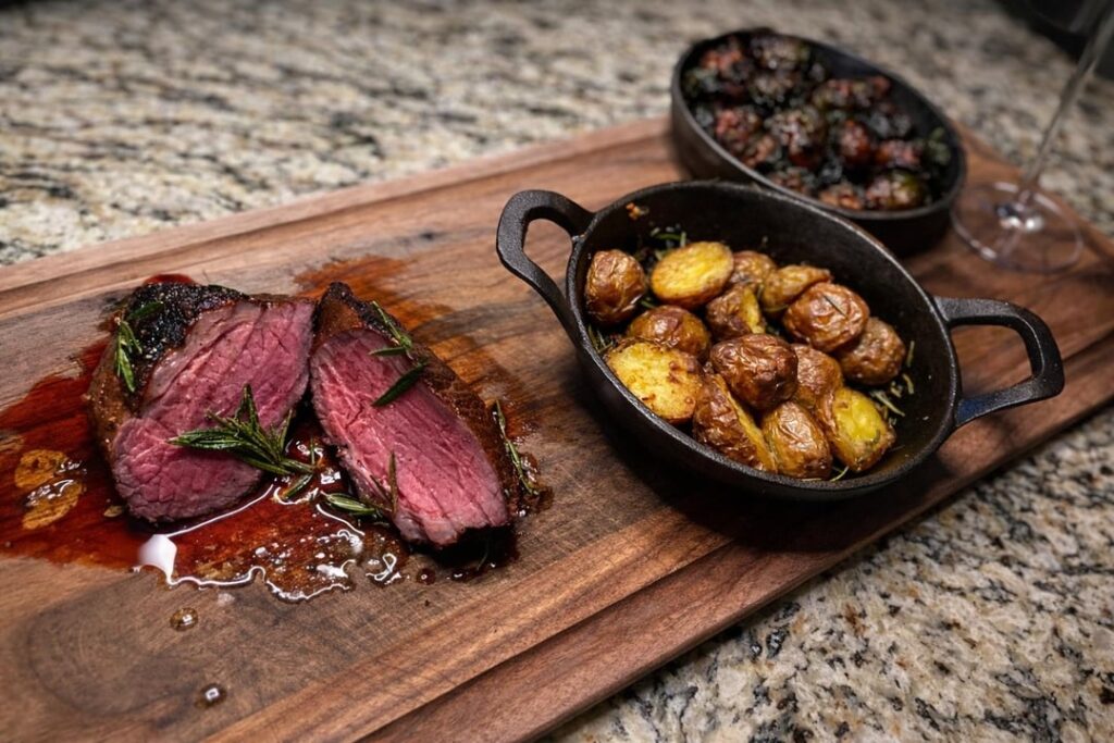 [homemade] Picanha, reverse seared at 195 C, finished in cast iron with peanut oil, butter and rosemary. Rested for 14 mins and remaining juices from the pan added.