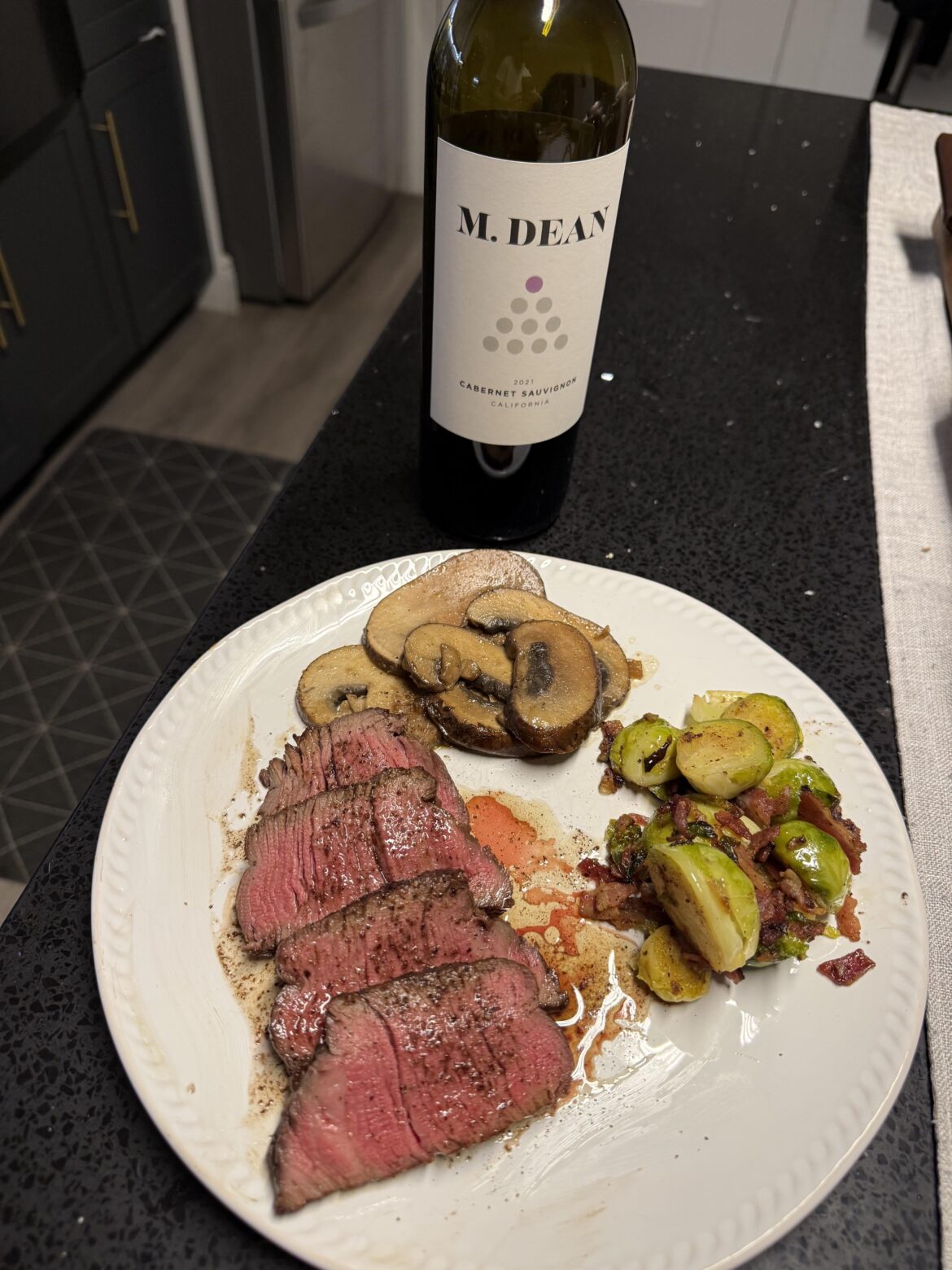 1 Bottle of Red + 3 Tequila Shots + 20mg Edible = Beef Tenderloin Feat. Mushrooms and Brussels sprouts