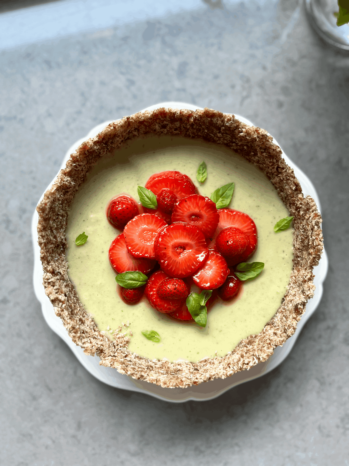 Basil tart with macerated balsamic strawberries