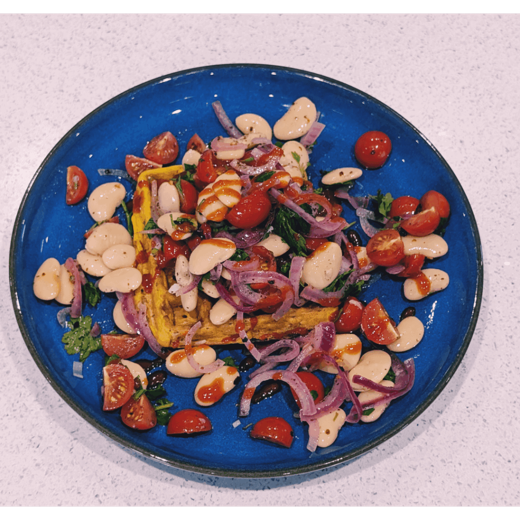 A light lunch with yesterdays leftovers - Red onion and butter bean salad with Pakora waffle