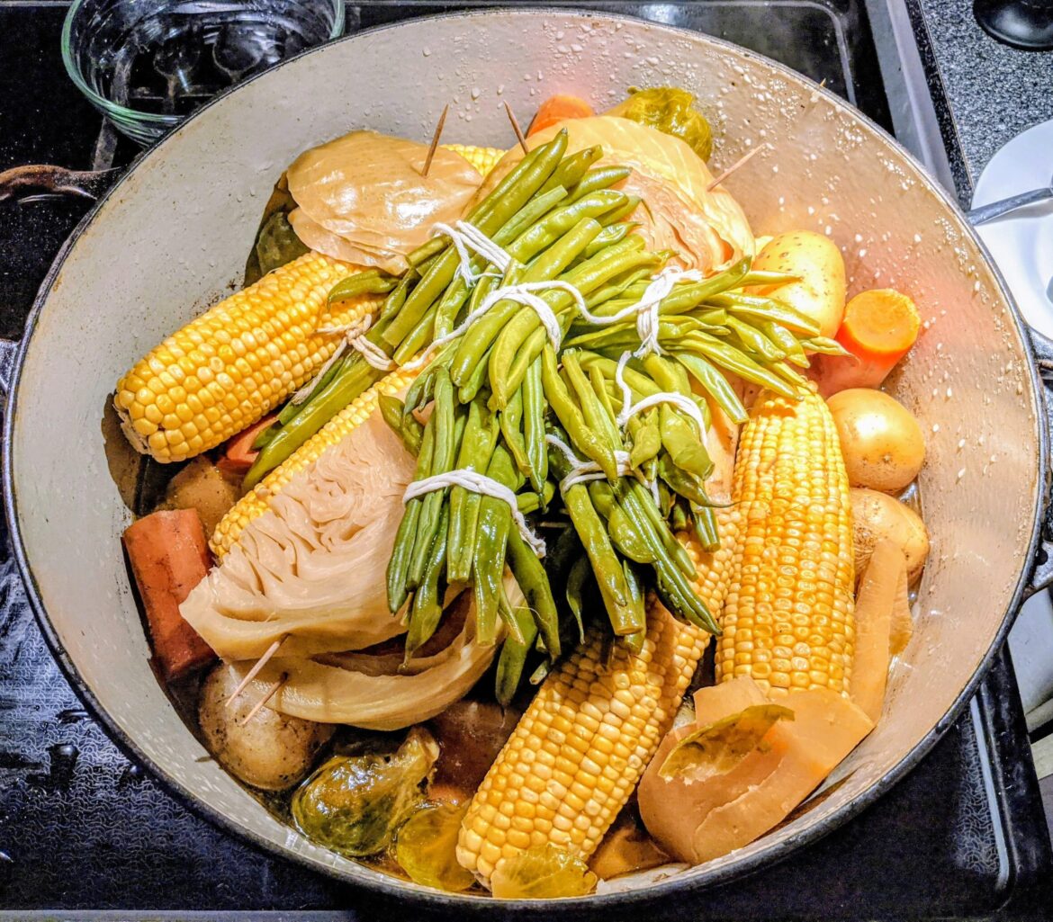 Pot-au-feu, boiled beef with vegetables.
