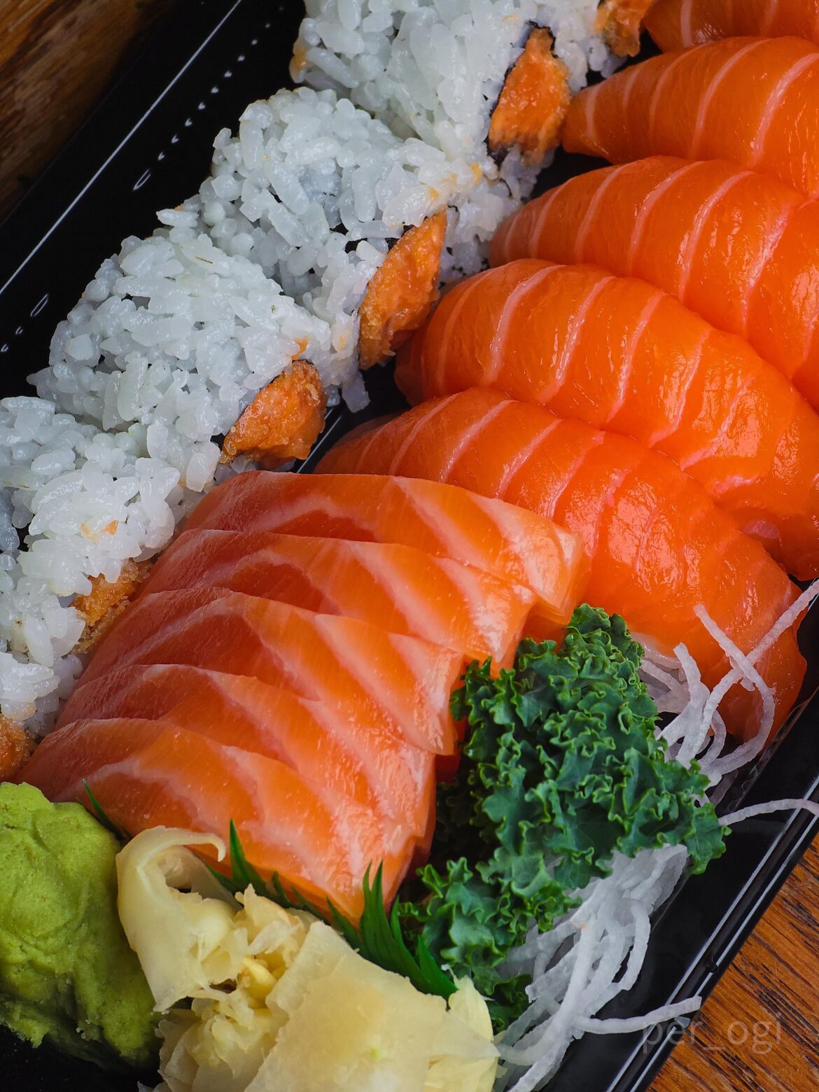 My fave combo: salmon nigiri, sashimi, and spicy salmon maki