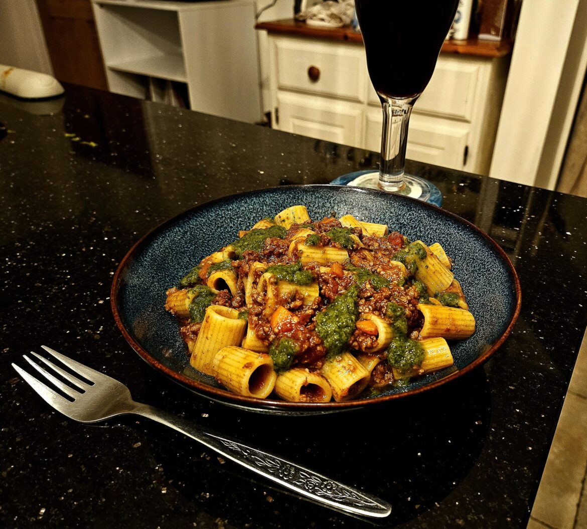 Pork regu with a salsa verde drizzle