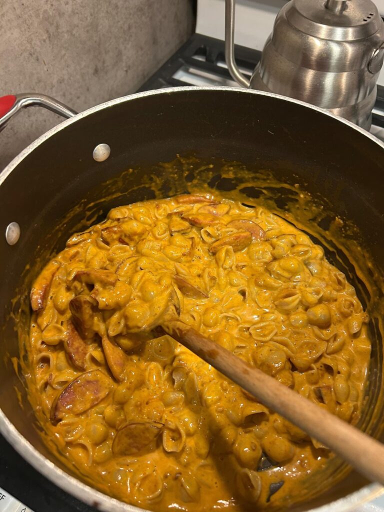 Chili Mac N Cheese with 5yo sausage I found in the frezer