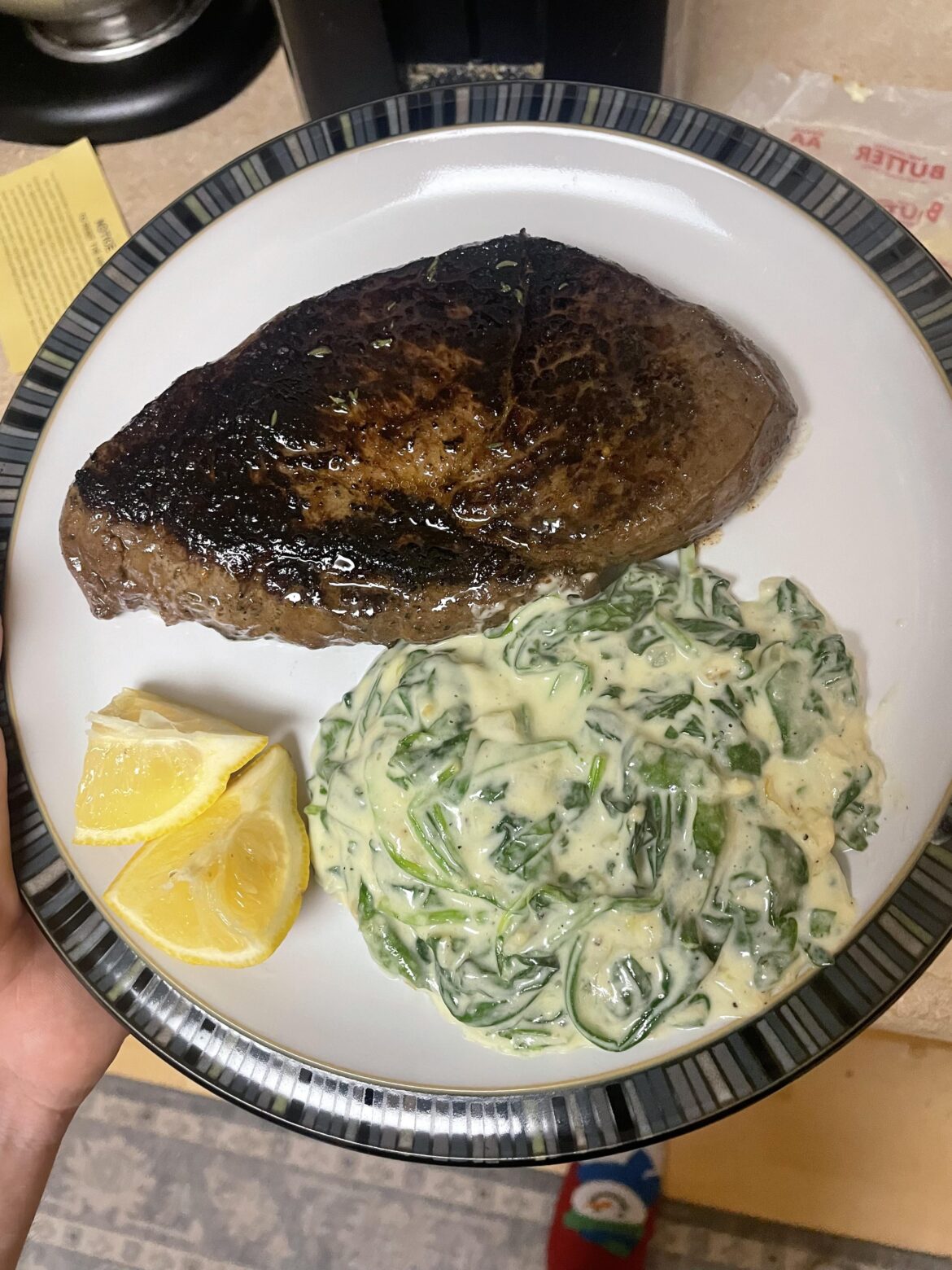Burgundy Pepper Steak w/ creamed spinach (first time) from last night!
