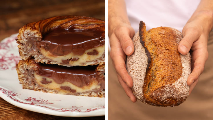 Swiss bread with a chocolate ganache and a crusty loaf of just-baked bread at Pleincœur bakery in Paris. © Aurore Nguyen