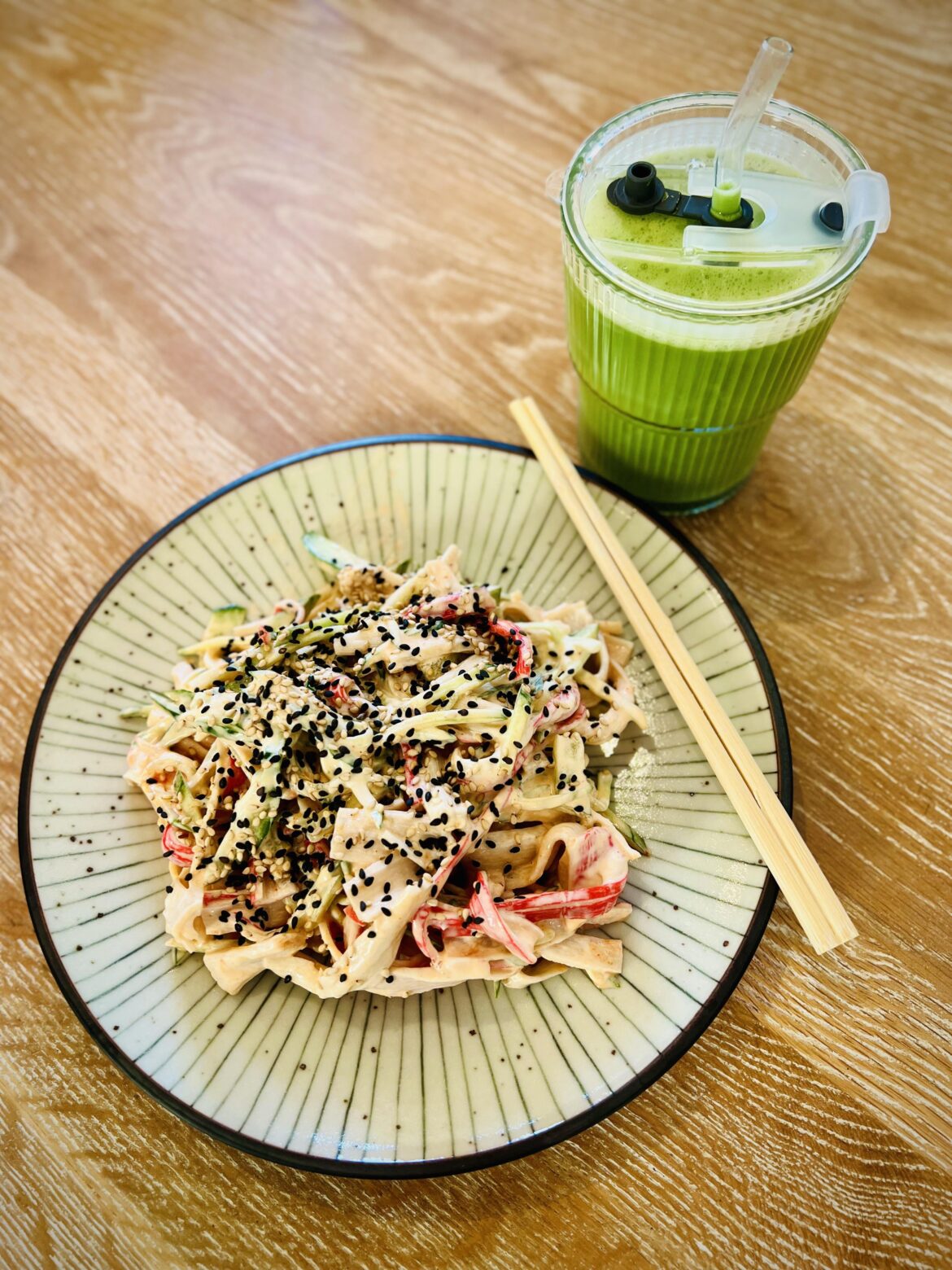 Kani salad and coconut matcha latte
