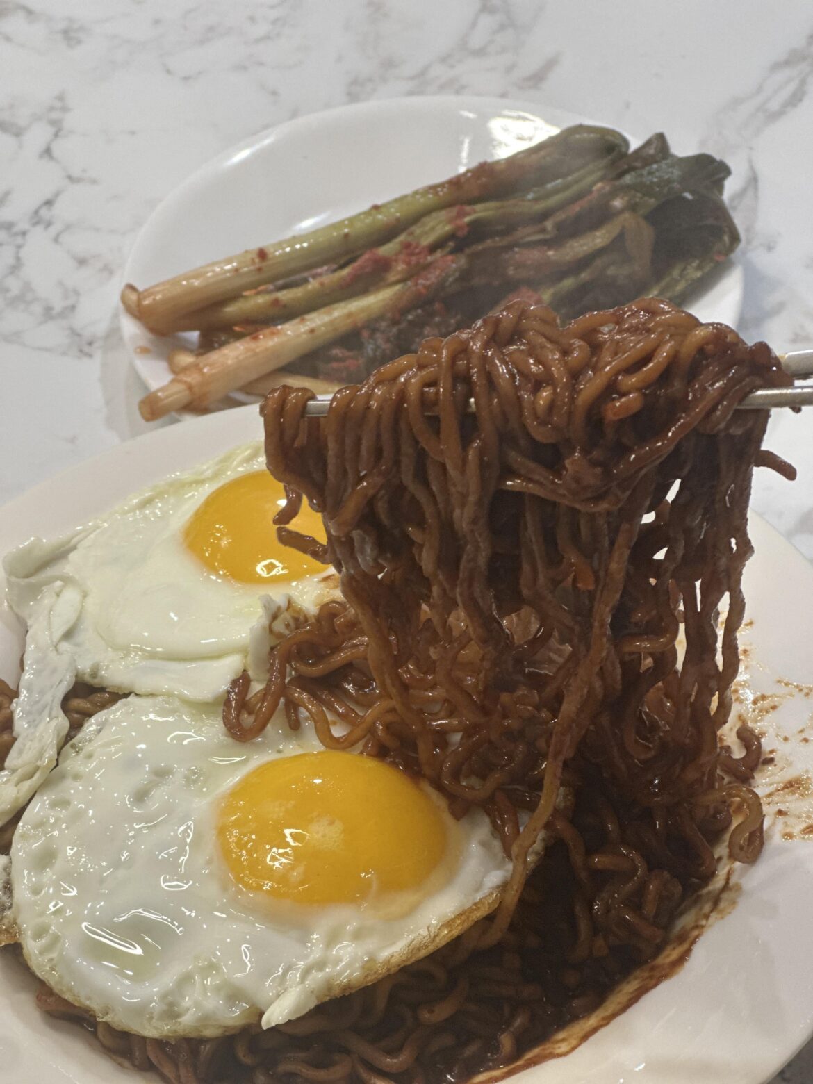 Korean comfort food: Jjapagetti, egg, and pa-kimchi