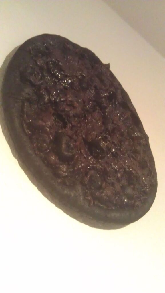 The pizza my friend burned in the oven, nailed to the wall by his roommates as a warning.
