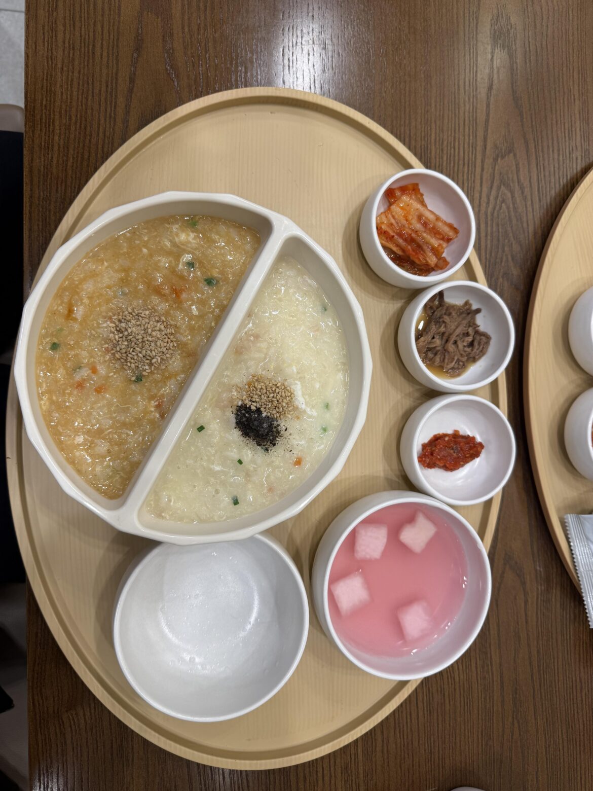 I wasn’t feeling great today, so I went to Bonjuk and had porridge.
I got the shrimp one, and they let me do a half-and-half combo, which was kinda cool.  Honestly, it was really good.