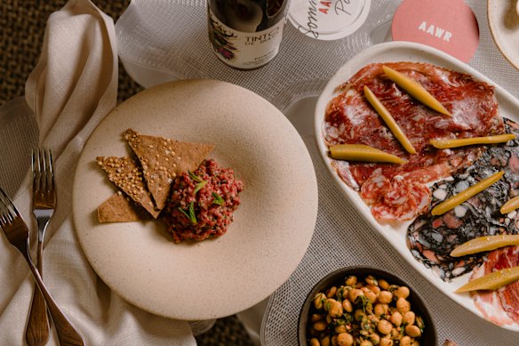 The charcuterie plate and kibbeh nayeh.