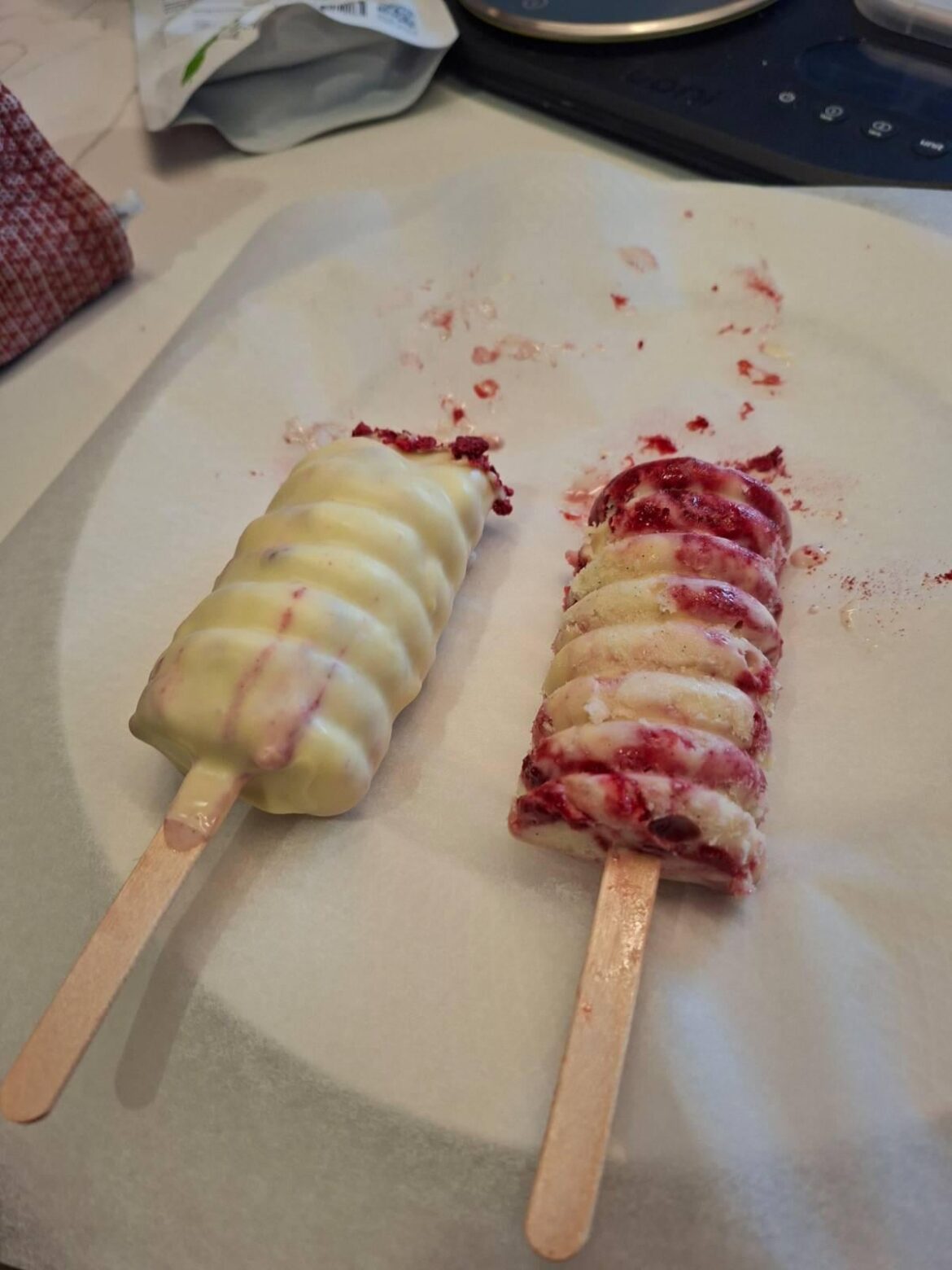 Vanilla (+ Milk and Malt) w/ a Raspberry Sauce & White Chocolate shell ice cream bars