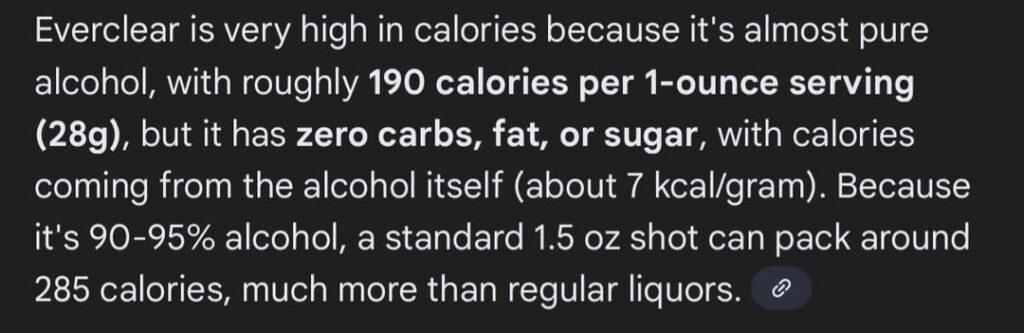 Is one 1 oz shot of Everclear really 190 calories??
