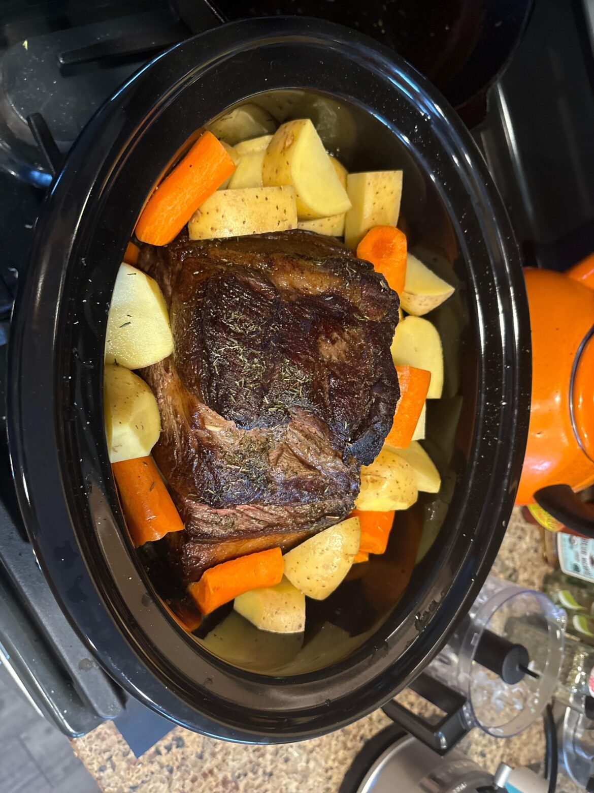 Searing a 5lb roast before going into the slow cooker for this blizzard! There it goes!