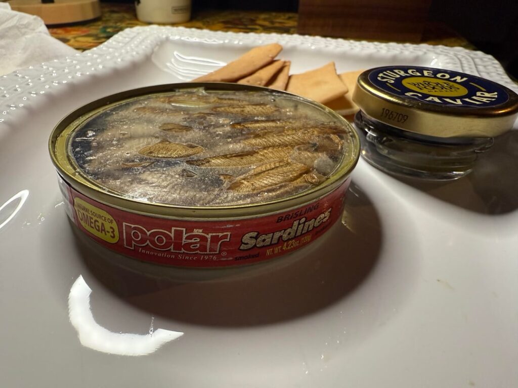 Polar sardines; I didn't know they come with only a plastic top on the can. It was leaking a little but still sealed. I liked them, but the package wasn't desirable. I wouldn't get them again.