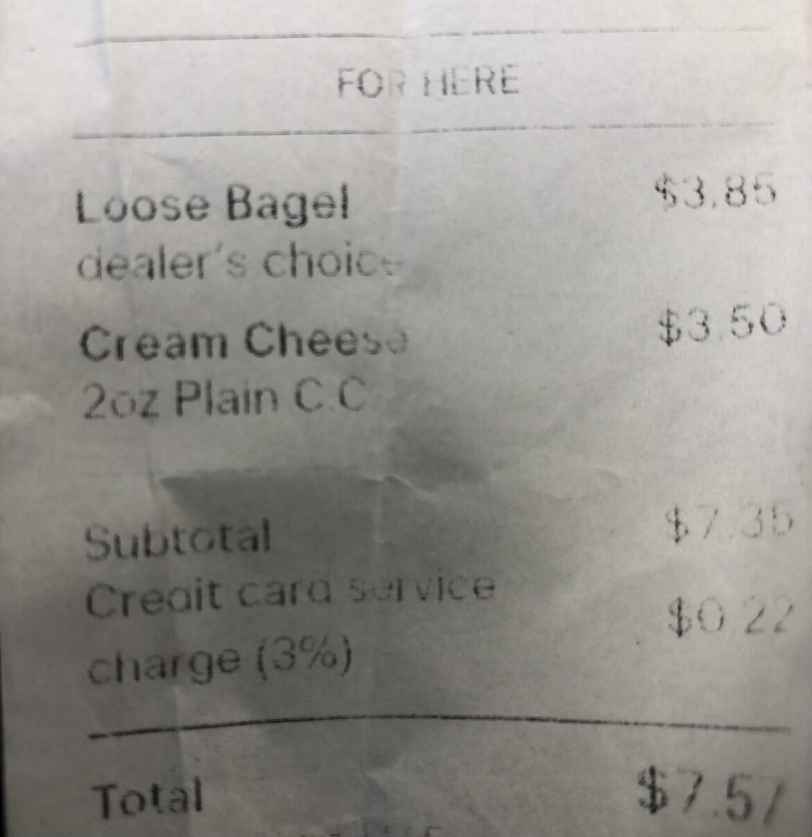 Cash vs cc at Courage Bagels