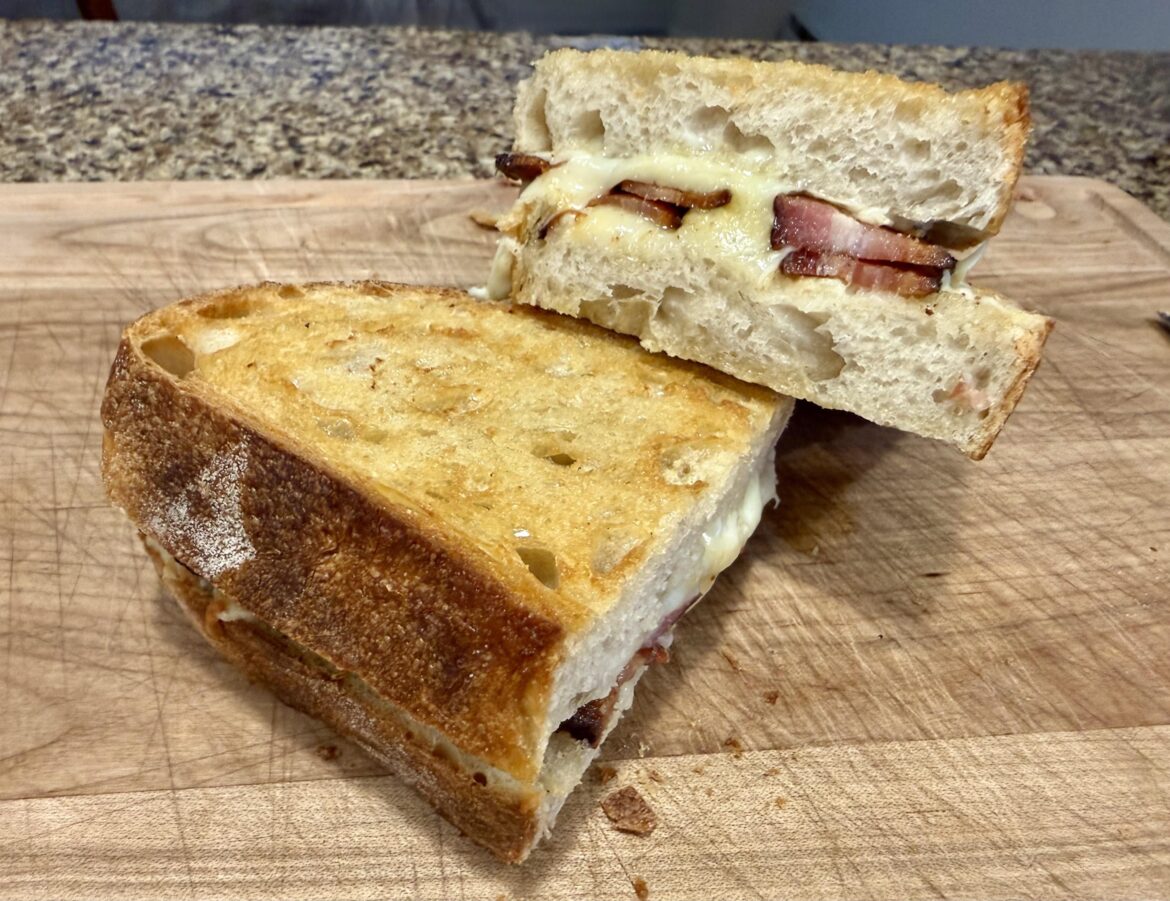 Grilled cheese on homemade sourdough with homemade bacon.