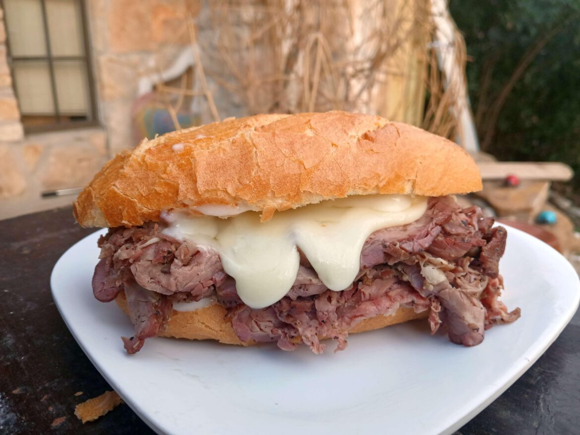 Smoked and shaved med-rare tri-tip and melty Swiss with horsey sauce on crispy Italian roll.