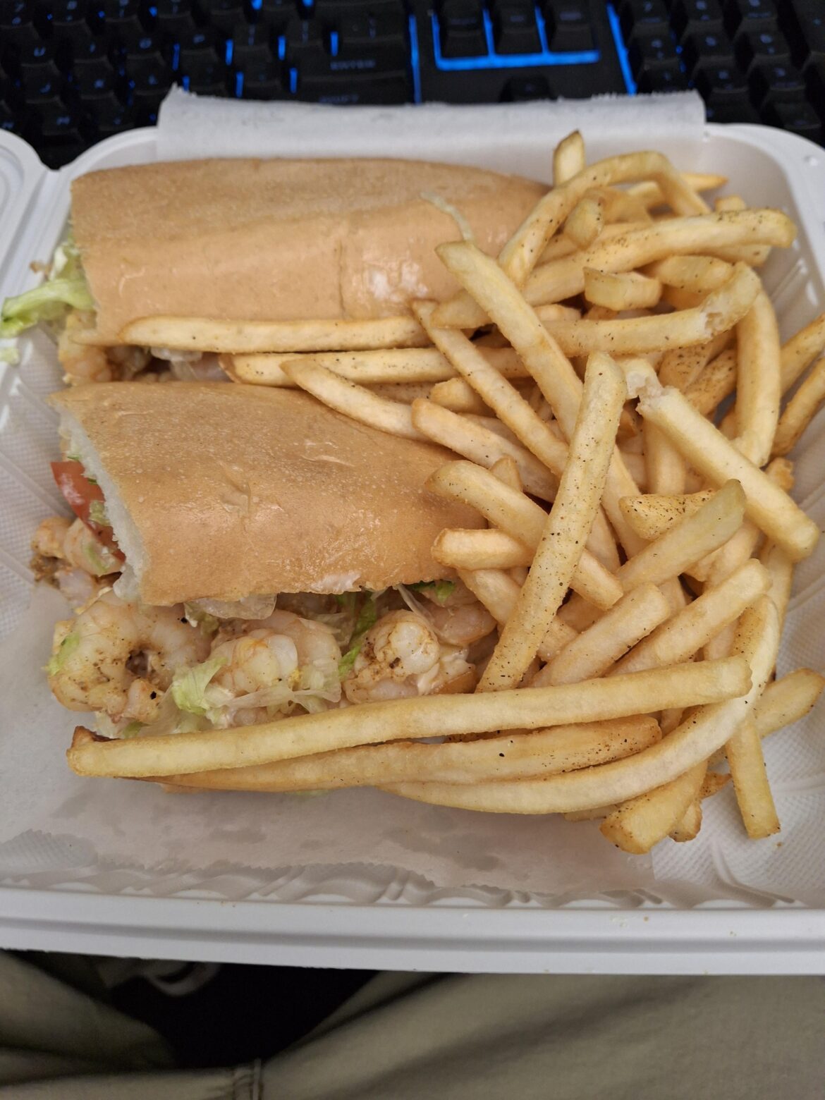 Grilled shrimp 🍤 poboy with fries downtown Baton Rouge