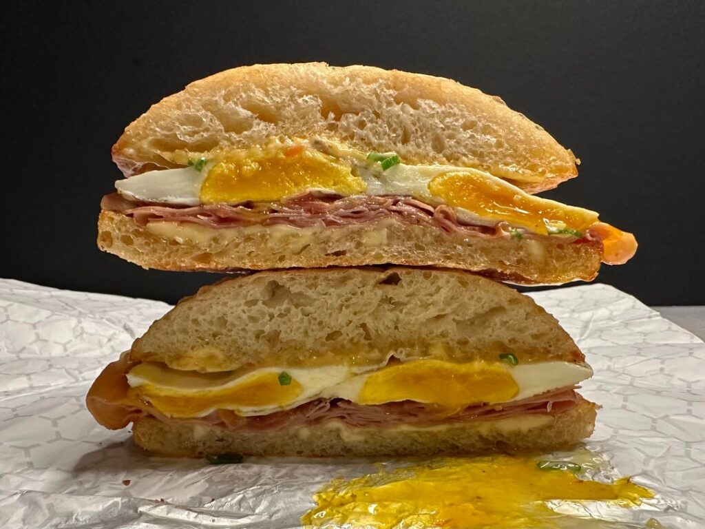 Mortadella , egg, and cheese breakfast sandwich