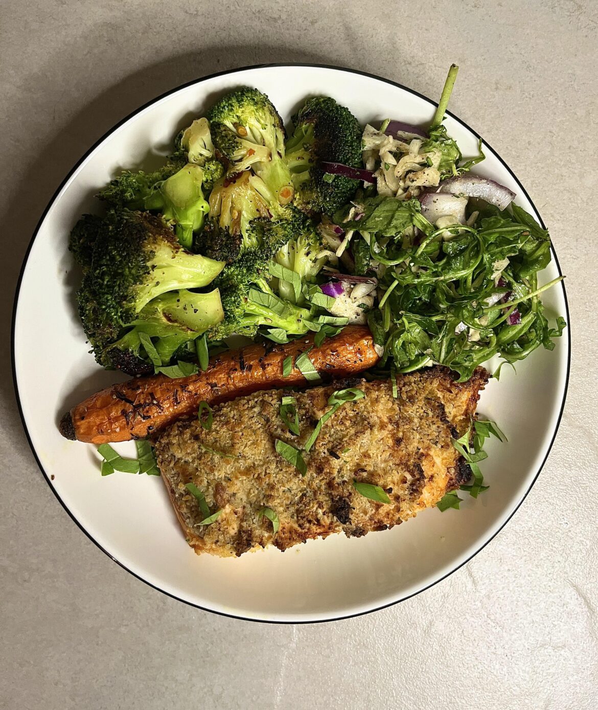 Dijon Panko Crusted Salmon, Charred Broccoli, cabbage Arugula Salad, Baked Carrot