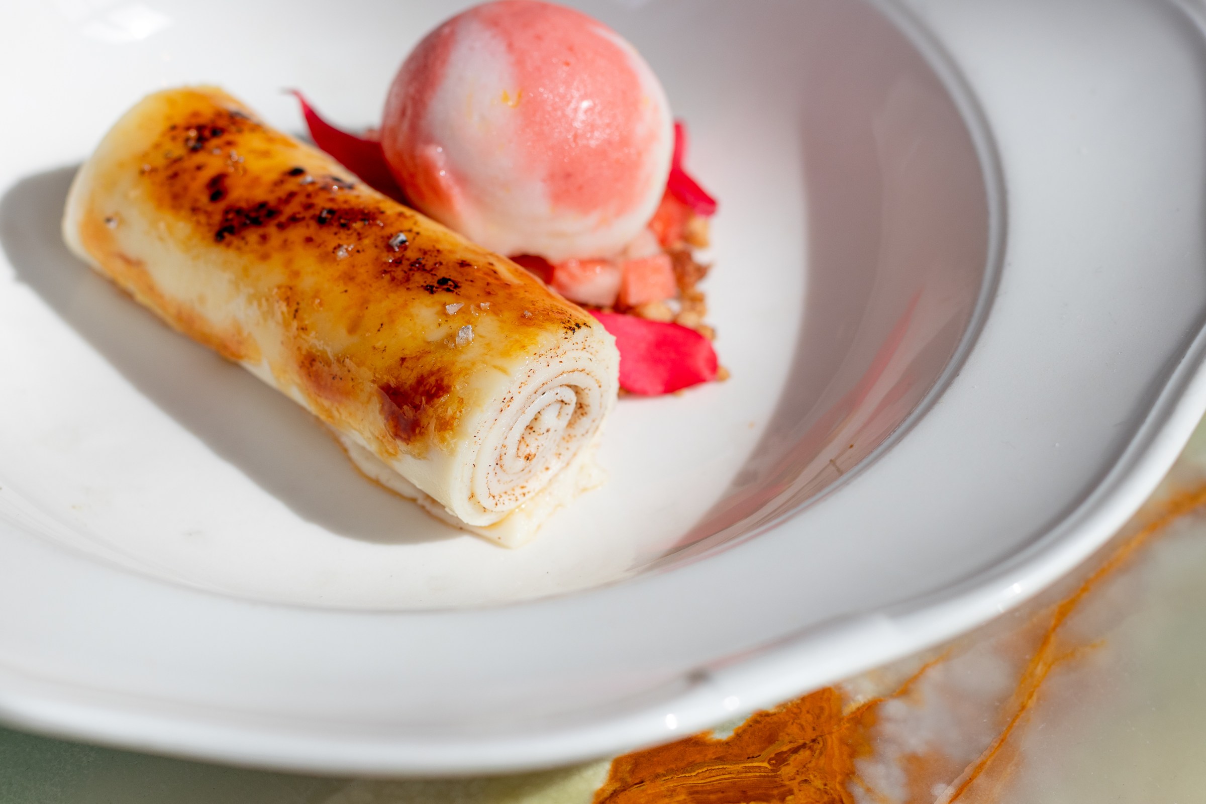 Tavuk Gogsu Brulee by pastry chef Deirdre Rieutort Balao at Dalida in San Francisco.