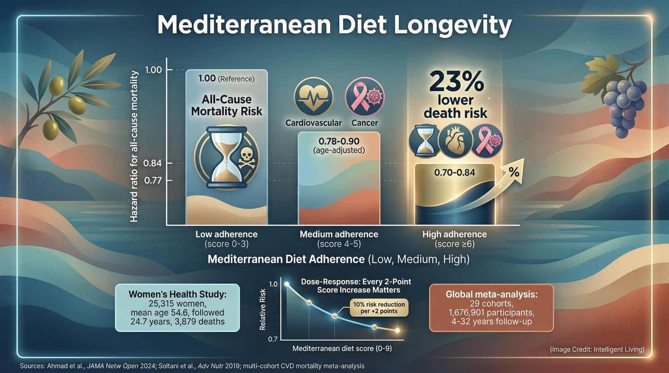 Across more than 25 years of follow-up, women who adhered most closely to Mediterranean eating habits lived significantly longer.