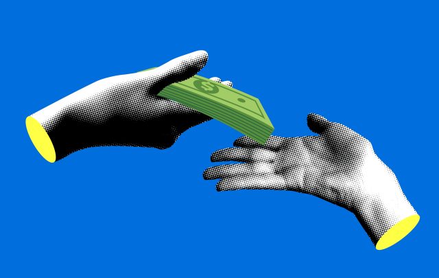 Modern collage with halftone hands give and take money. Financial transaction. Money investments. 