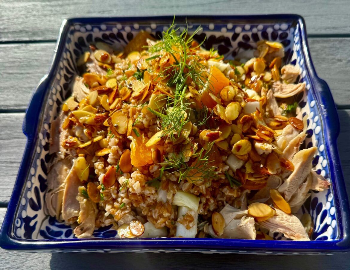 Farro salad with fennel, oranges, almonds and chicken. (Kathy Gunst/Here & Now)