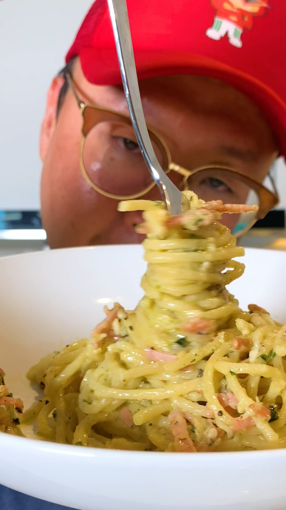 Spaghetti Tossed in Pecorino Romano Cheese, Ham, Garlic and Olive Oil