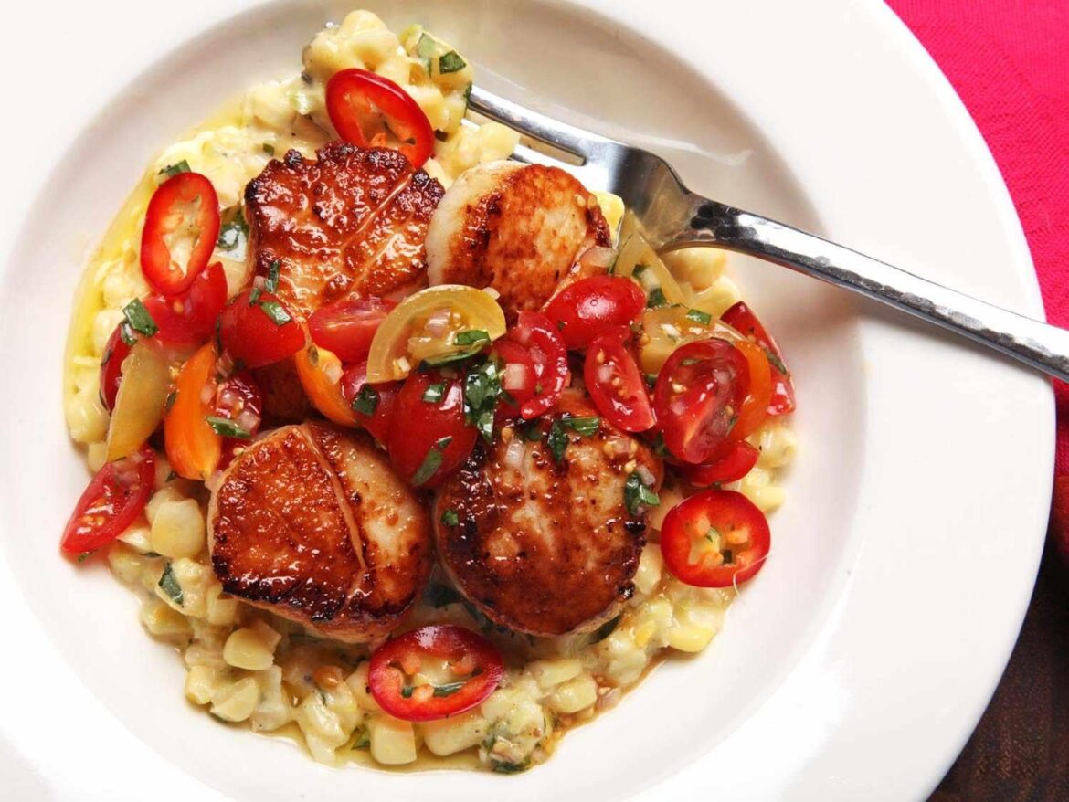 Where is the recipe for the corn dish with these scallops?