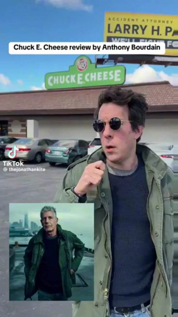 Jonathan Kite as Anthony Bourdain reviewing Chuck-E-Cheese.