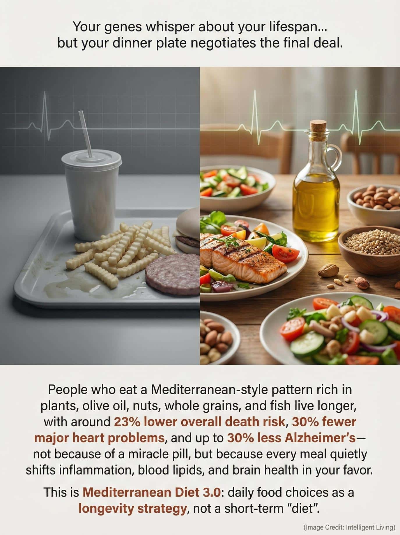 Mediterranean Diet 3.0: an evolved, data-driven model that connects the dots between daily habits, food quality, and measurable longevity outcomes.