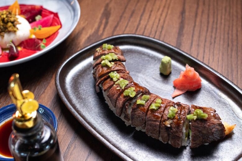 Steak-covered sushi roll at Rare Bird in Ramsey, New Jersey