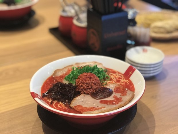 Ramen Nagi's Red King bowl features a spicy, red chile oil-spiked broth andpork belly and a pork-red miso ball. (Mary Orlin/Bay Area News Group)