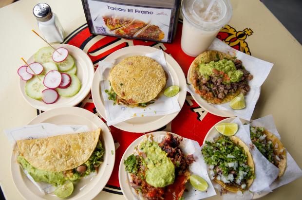 Various tacos and quesadillas on display. Opening of Tacos el Franc at Westfield Plaza Bonita in National City. (Alejandro Tamayo / The San Diego Union-Tribune)