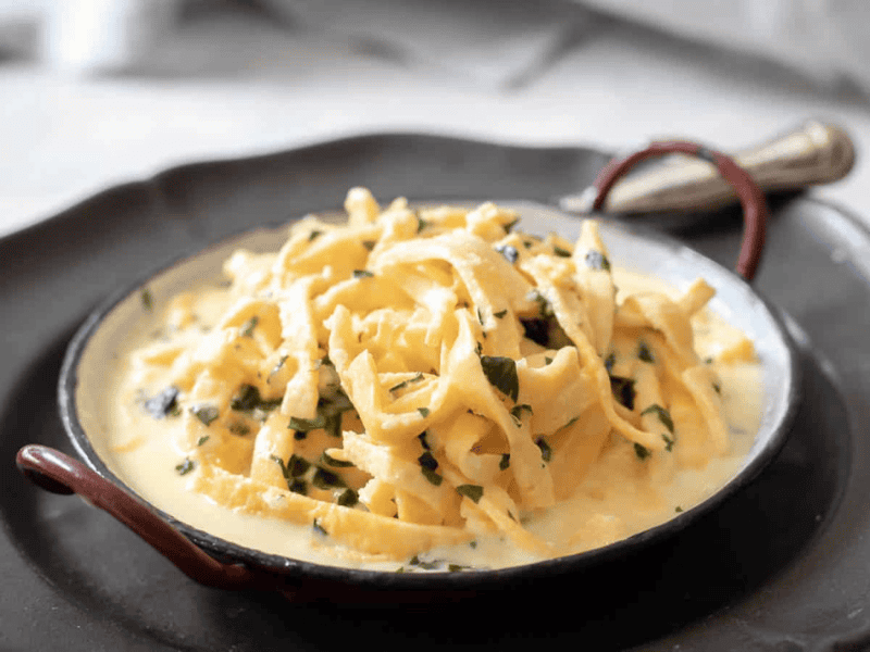 Red plate filled with alfredo sauce and keto noodles.