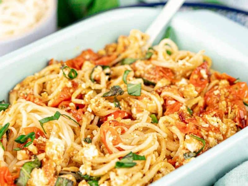 Baked palmini with feta in a casserole.