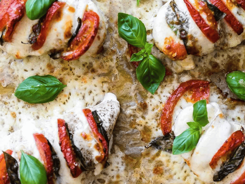 Stuffed Caprese Chicken Hasselback in a close-up.