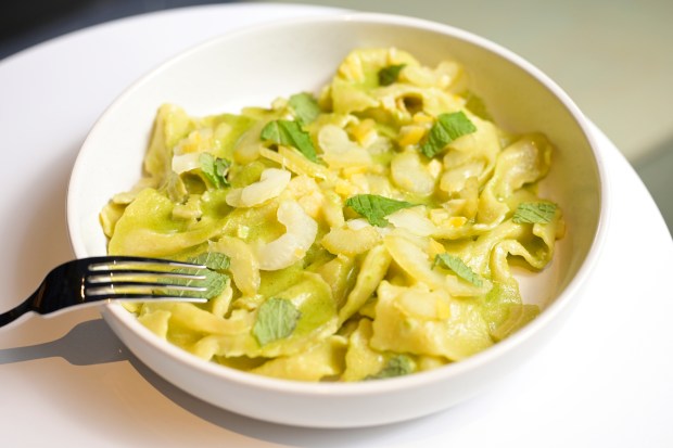 DENVER, CO - DECEMBER 17 : Farfalle pasta (Green tomato pesto, clams, mint, basil, celery, lemon) at Johnny Bechamel's restaurant in Denver, Colorado on Wednesday, December 17, 2025. (Photo by Hyoung Chang/The Denver Post)