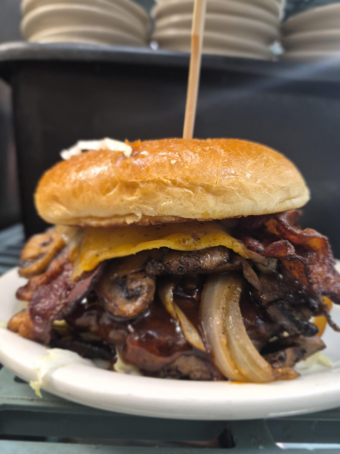 Cheeseburger with mushrooms ,bacon and bbq sauce