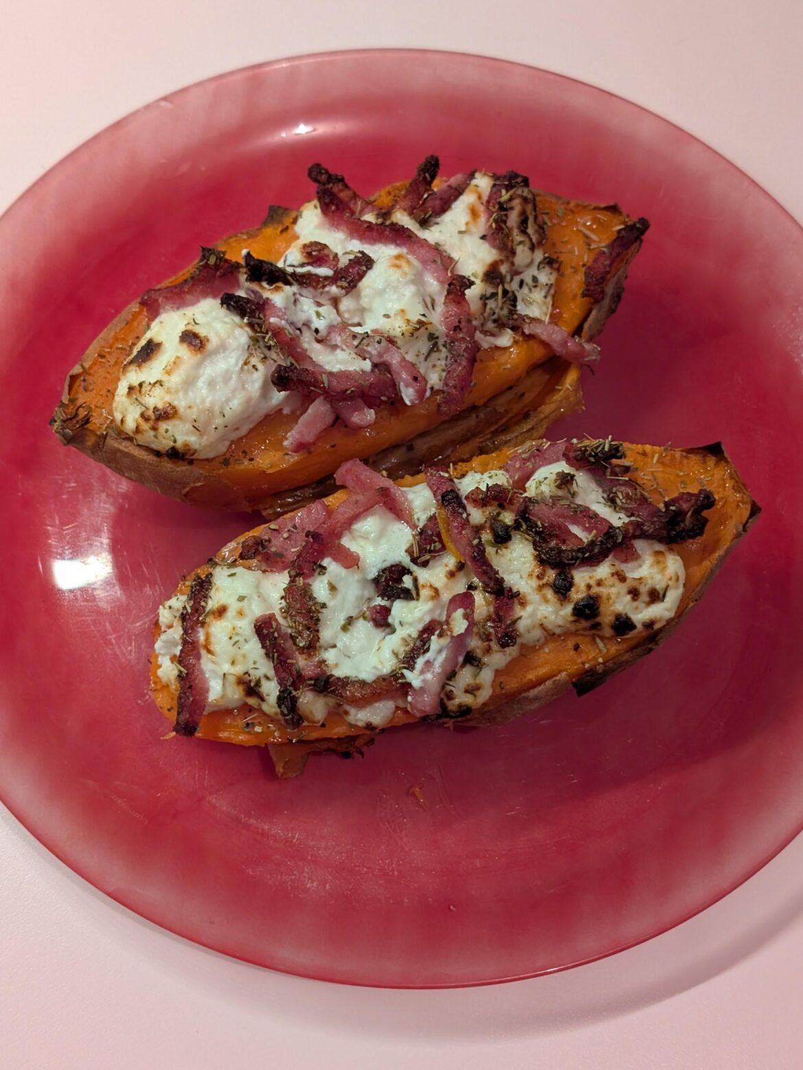 Roasted sweet potato with goat cheese and lardons