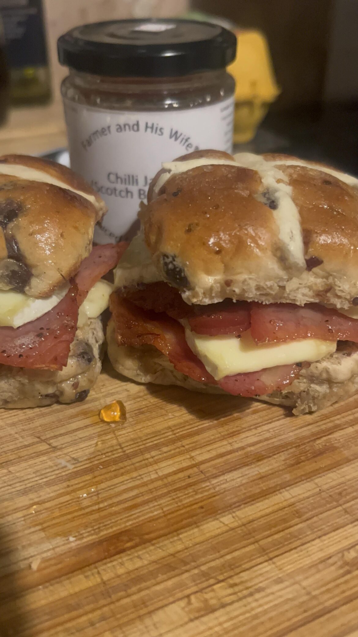 [homemade] Bacon & Brie Hot Cross Buns w/Scotch Bonnet Jam
